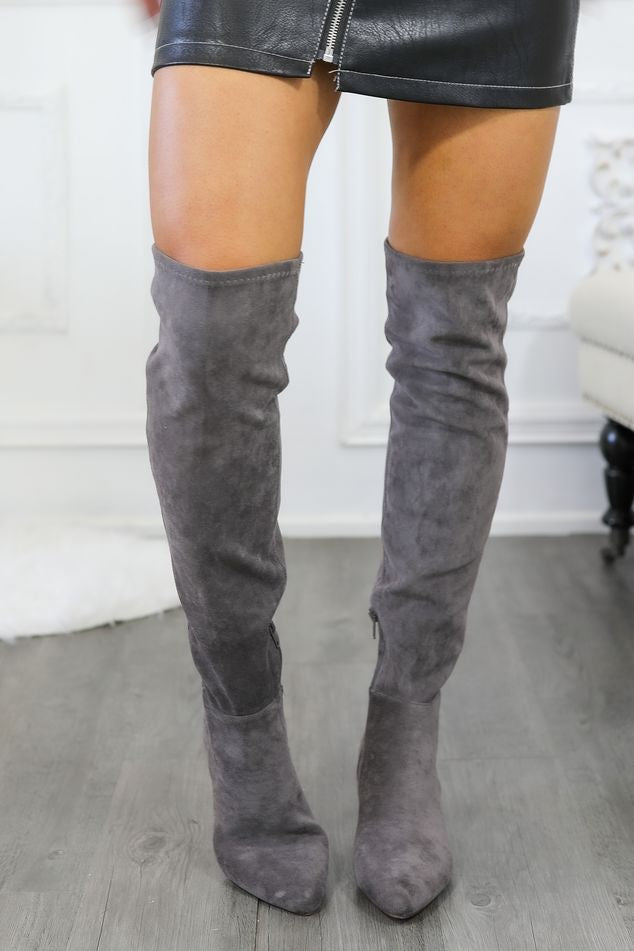 Over the knee heeled boots grey best sale