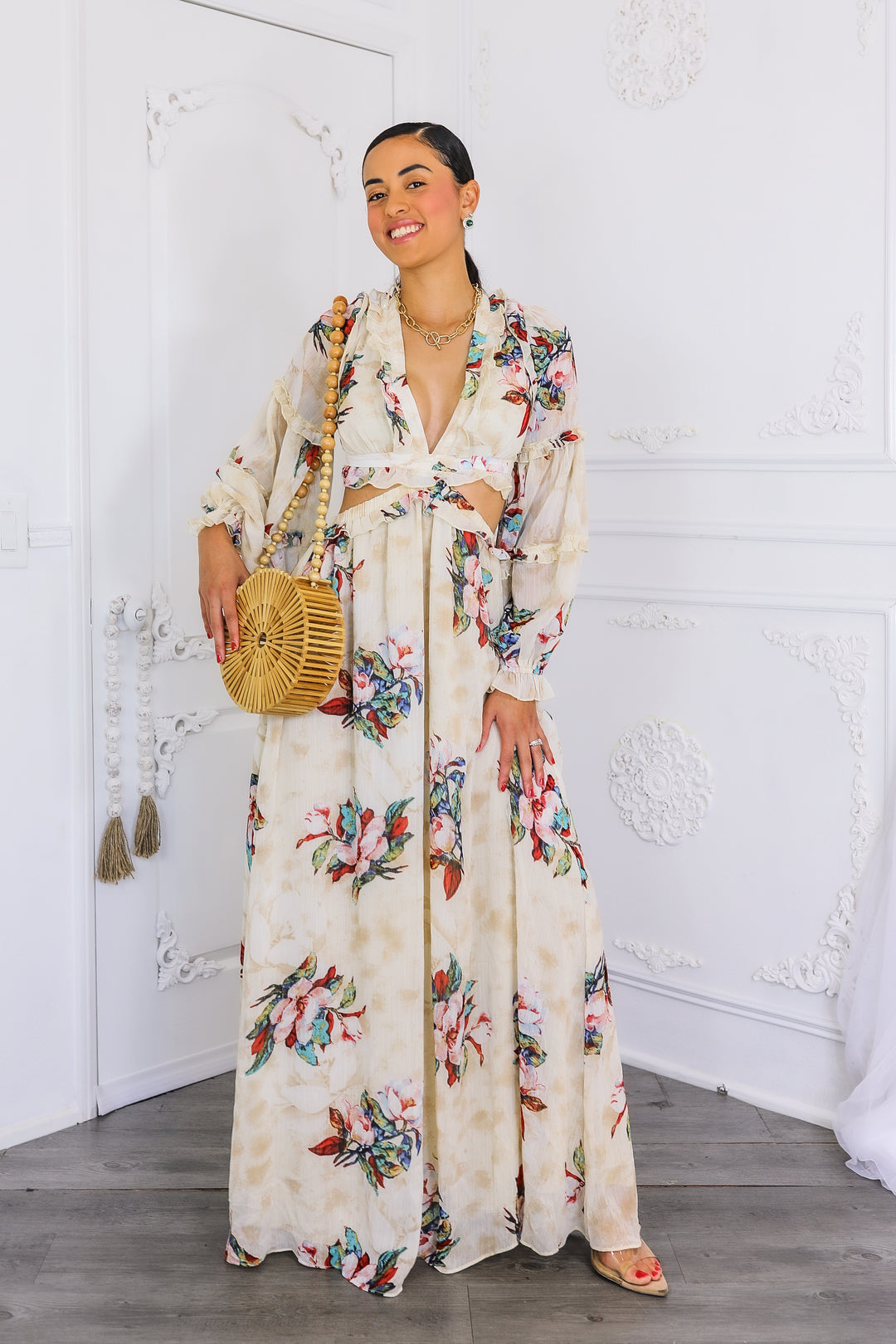 Resort Floral Bubble Sleeves Maxi Dress