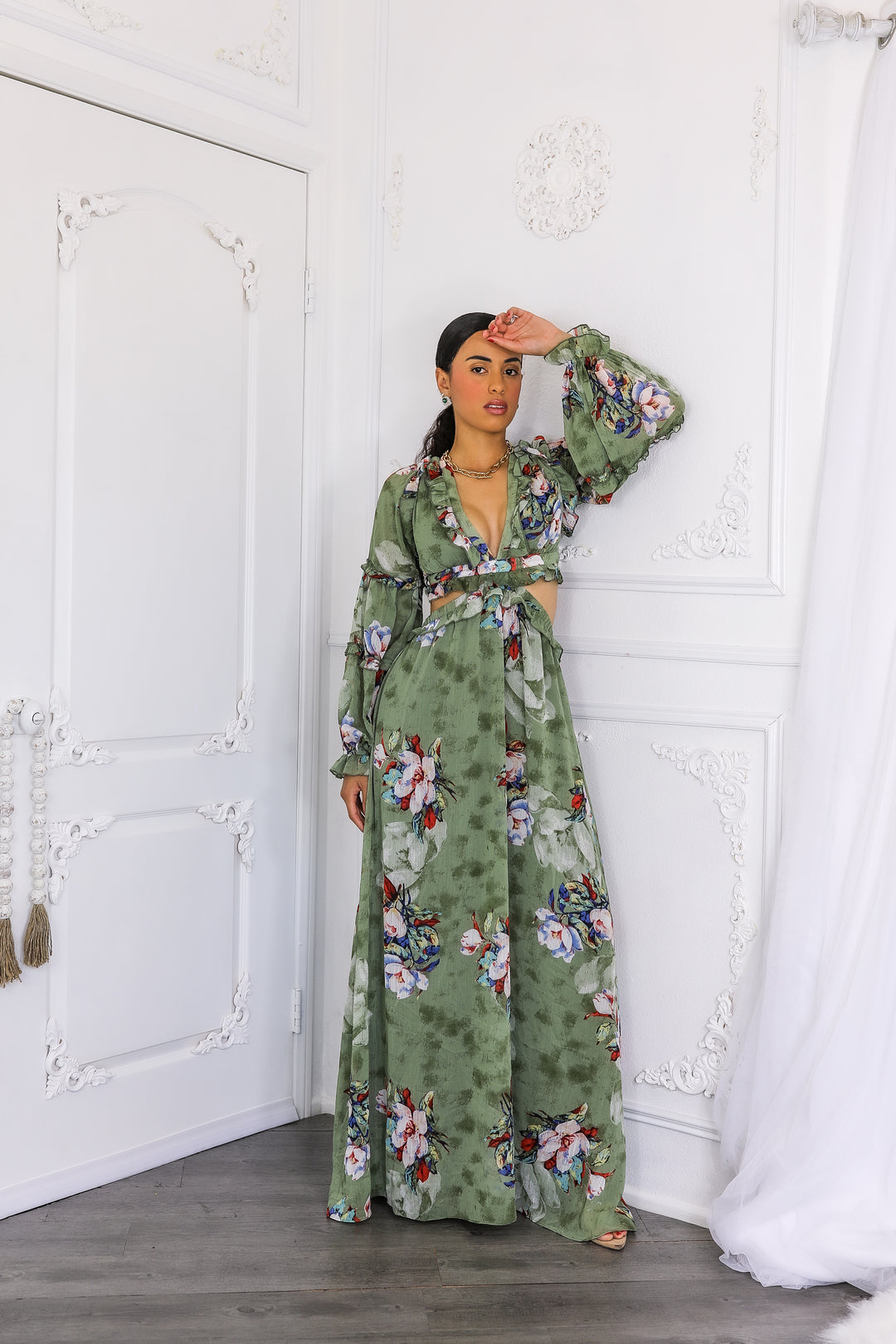 Resort Floral Bubble Sleeves Maxi Dress