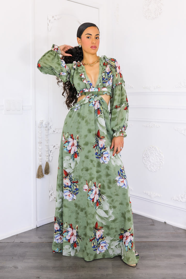 Resort Floral Bubble Sleeves Maxi Dress