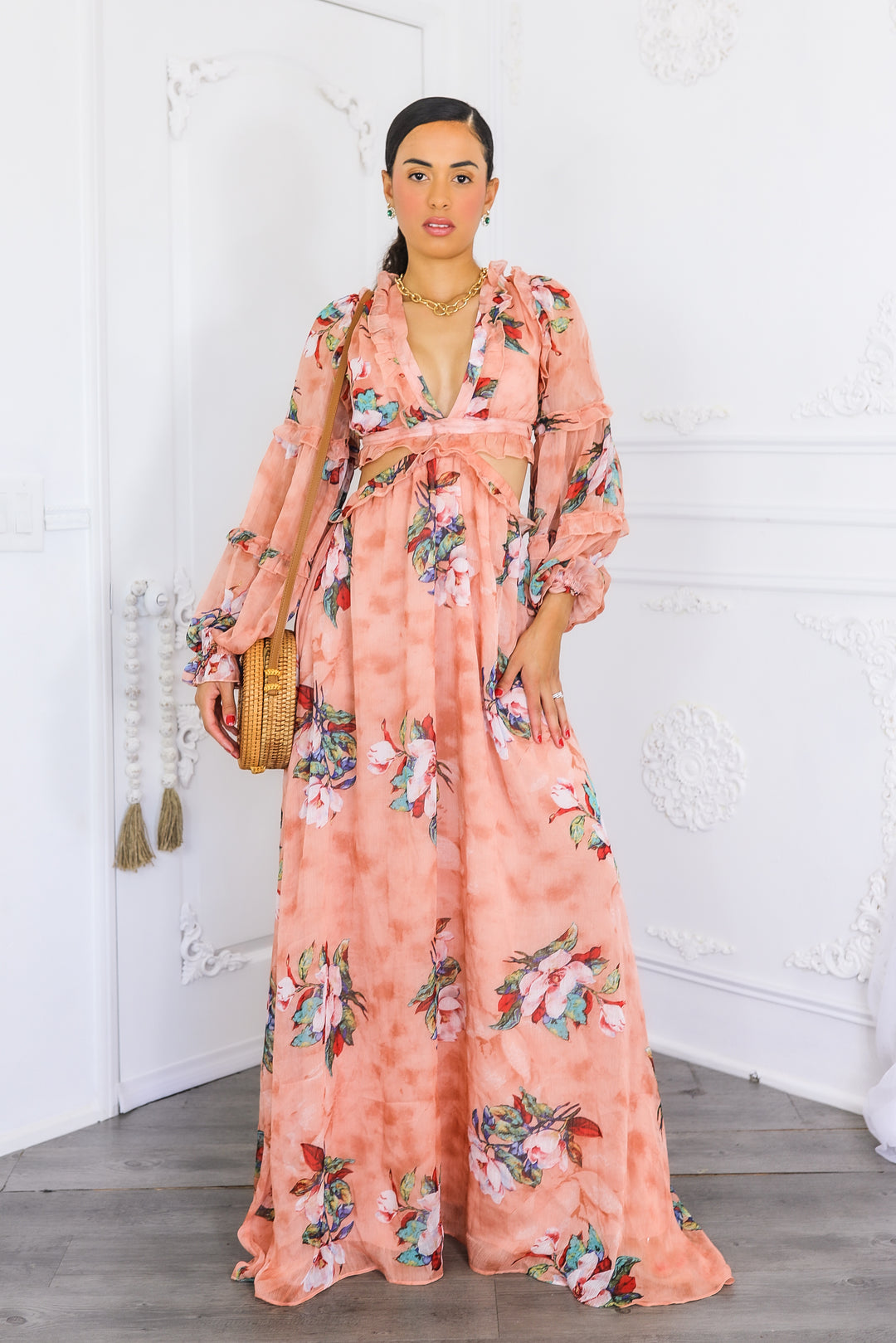 Resort Floral Bubble Sleeves Maxi Dress