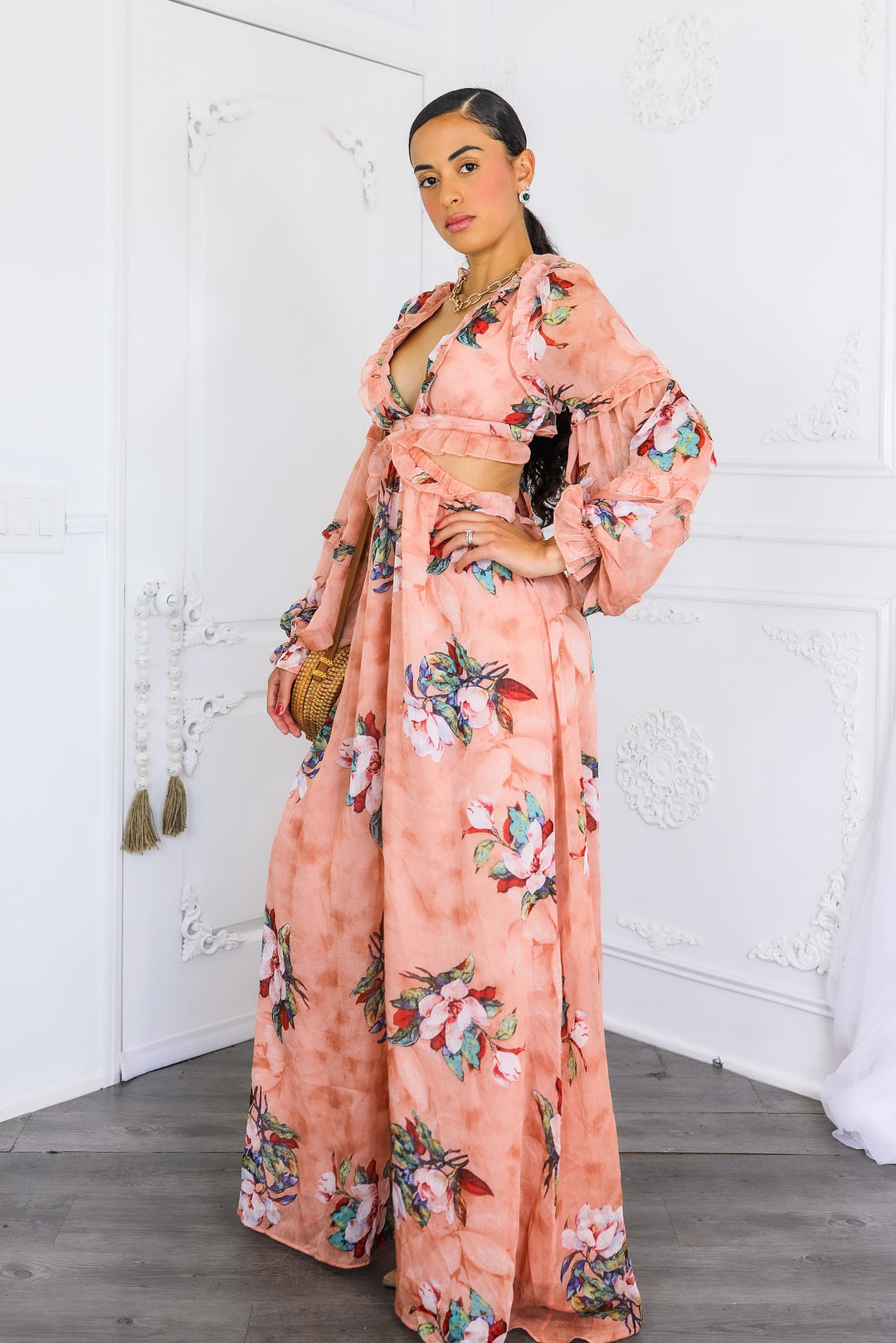 Resort Floral Bubble Sleeves Maxi Dress