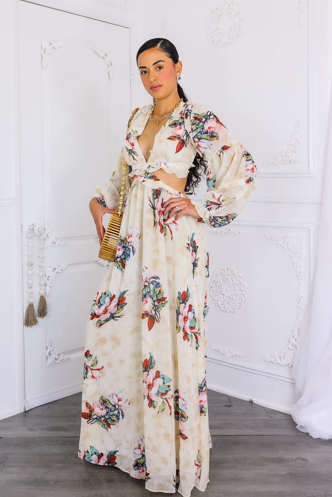 Resort Floral Bubble Sleeves Maxi Dress