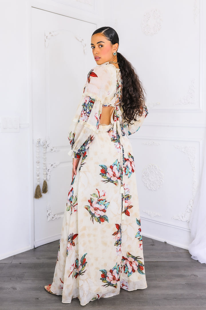 Resort Floral Bubble Sleeves Maxi Dress