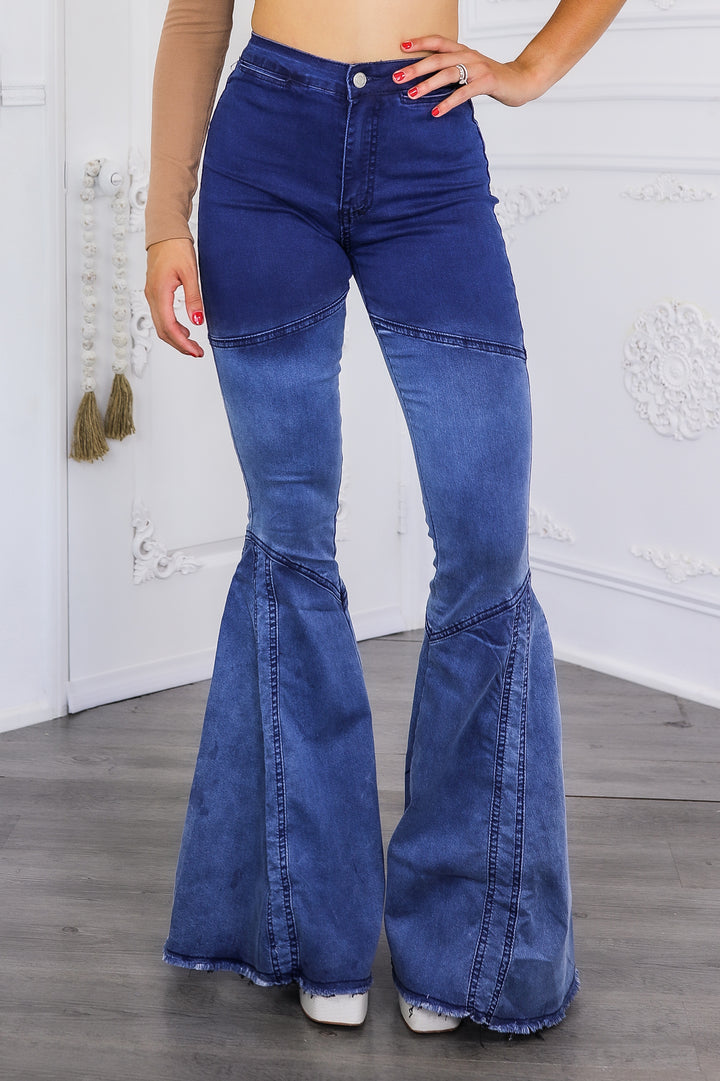 Lined Up Paneled Ombre Flares Bell Bottoms Denim Jeans