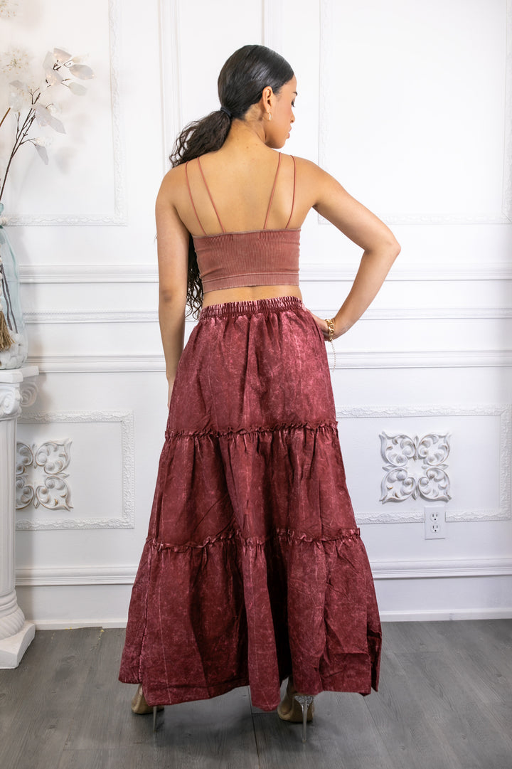 Woven Vintage Washed Maxi Skirt With Ribbed Double Strap Set