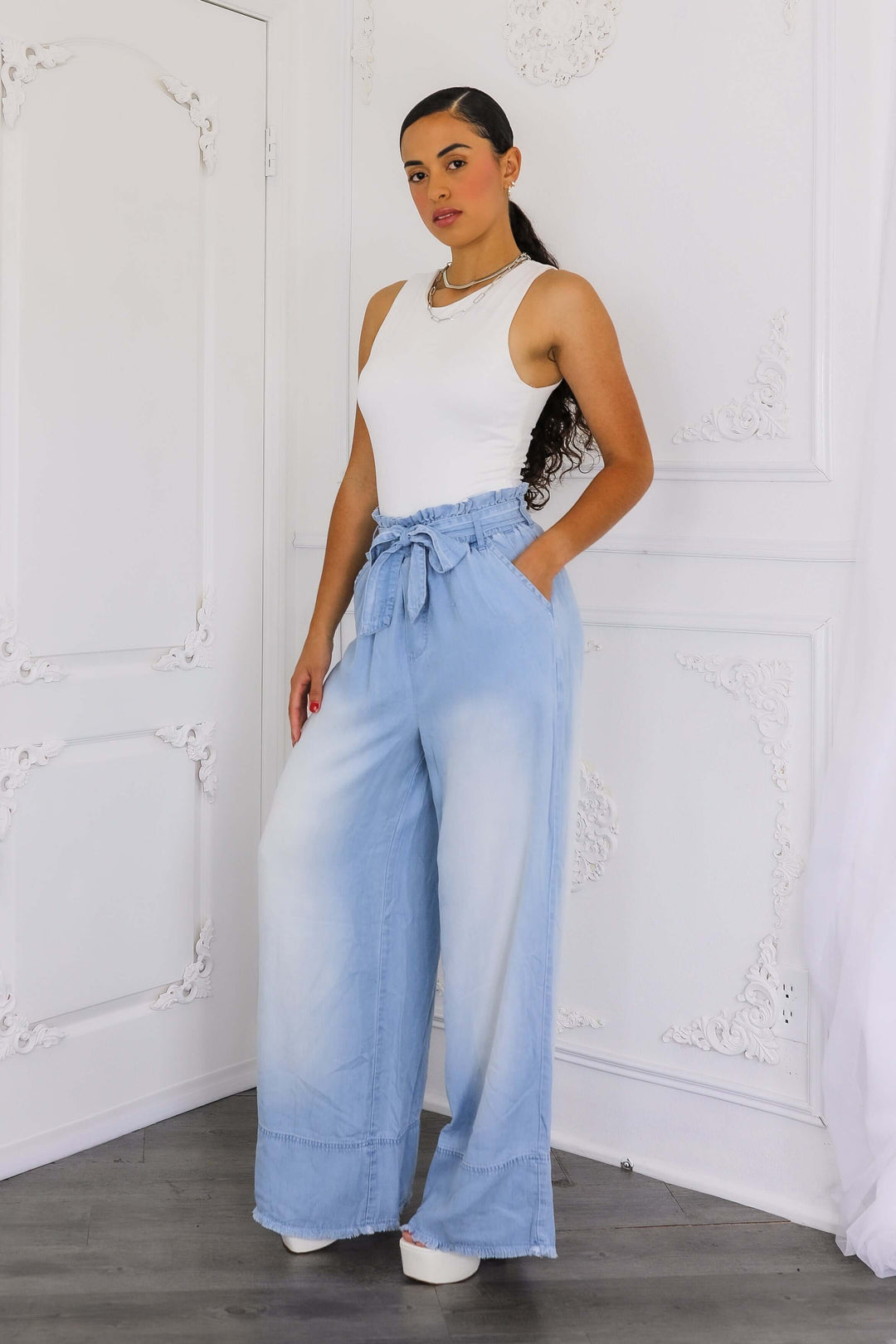 Ombré Wrap Tie Palazzo Jeans