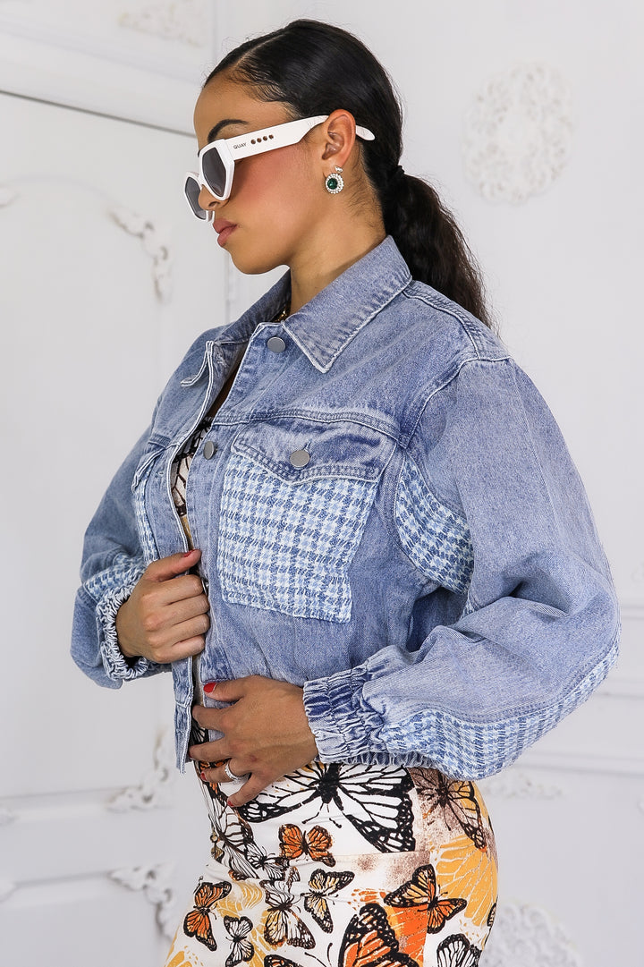 Denim Jacket With Tweed Pockets and Cinched Waist