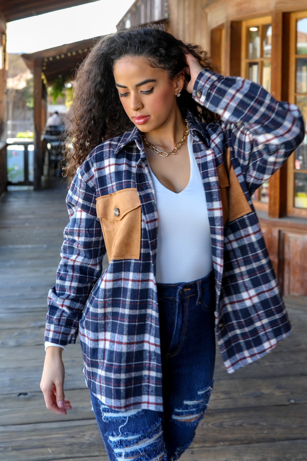 Cecilia Long Sleeve Suede Pocket Plaid Shacket