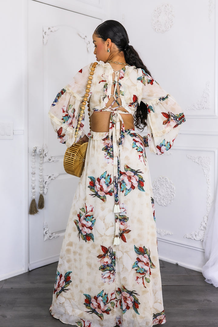 Resort Floral Bubble Sleeves Maxi Dress