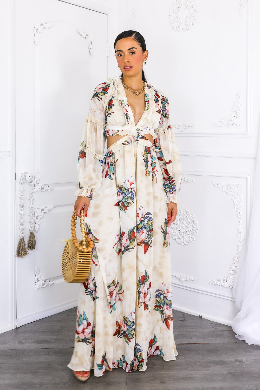 Resort Floral Bubble Sleeves Maxi Dress