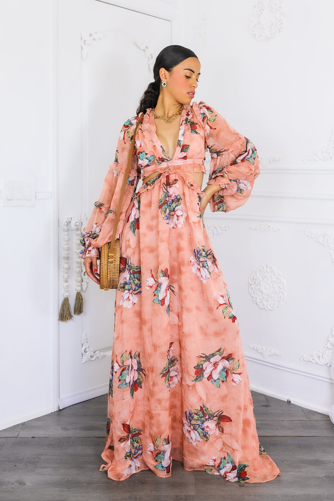 Resort Floral Bubble Sleeves Maxi Dress