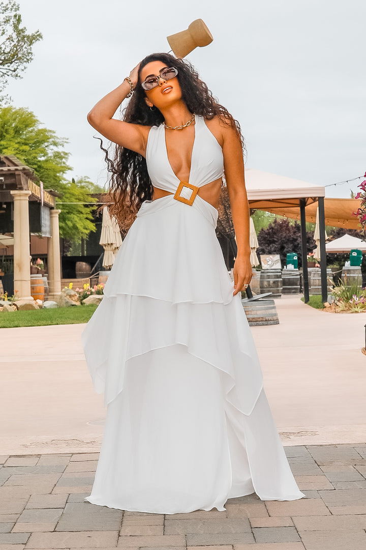 Ruffle Deep V Neckline Maxi Dress