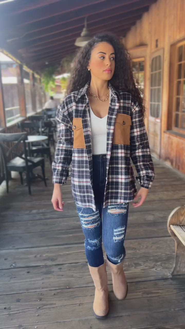 Cecilia Long Sleeve Suede Pocket Plaid Shacket