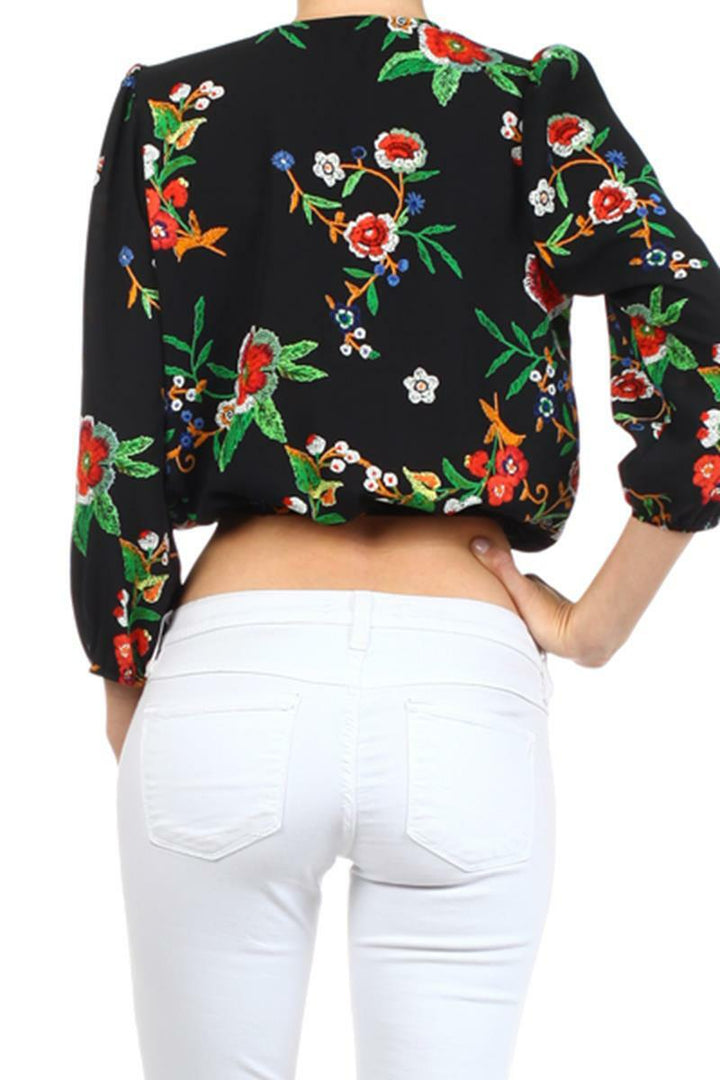 Floral Print Faux Wrap Blouse Black - SURELYMINE