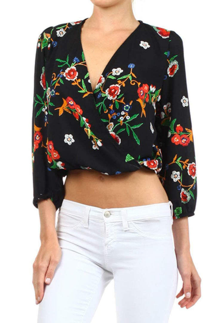 Floral Print Faux Wrap Blouse Black - SURELYMINE