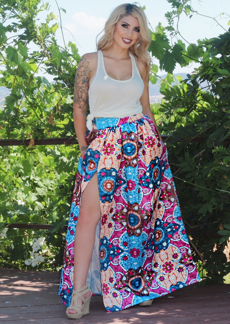 Lorisa African Print Maxi Skirt with Slit - SURELYMINE