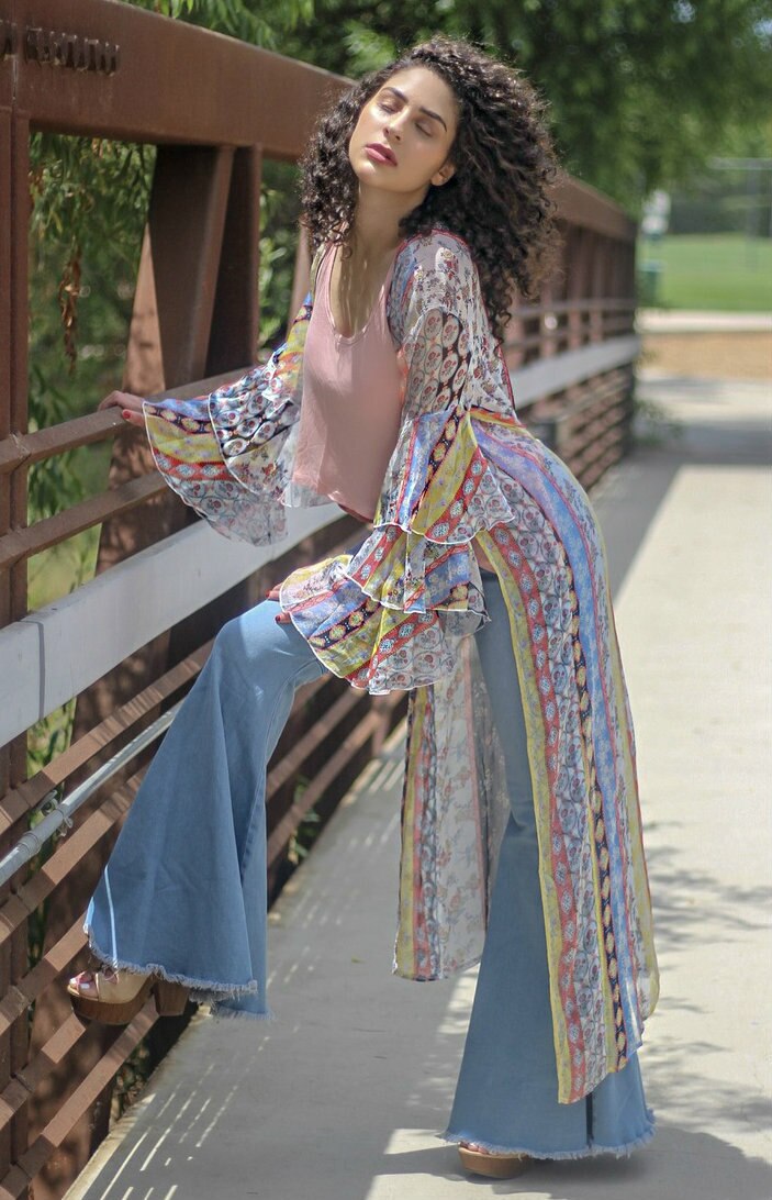 Bali Vacay Ruffle Sleeves Detail Maxi Kimono - SURELYMINE