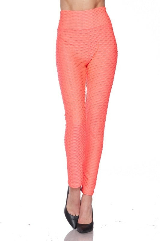 Kylie Scrunch Butt Anti Cellulite Honeycomb Texture Leggings Neon Coral - SURELYMINE