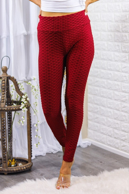 Kylie Scrunch Butt Anti Cellulite Honeycomb Texture Leggings Burgundy - SURELYMINE