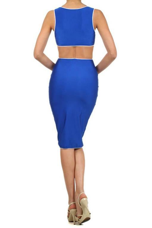 Cut Out Back Contrast Color Piping Details Midi Dress - SURELYMINE