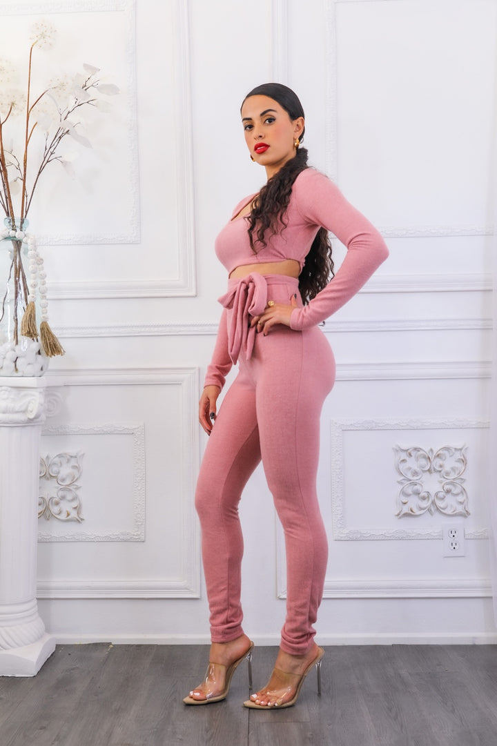 Side Tie Detailed Hacci Crop Top and Leggings Set