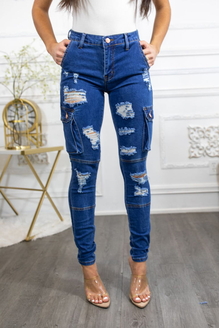 Super Stretch Distracted Distressed Cargo Skinny Jeans