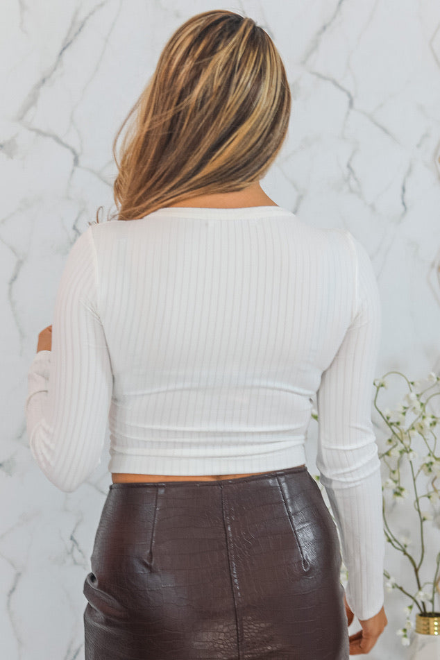 Ariella Button Up Ribbed Crop Top White - SURELYMINE