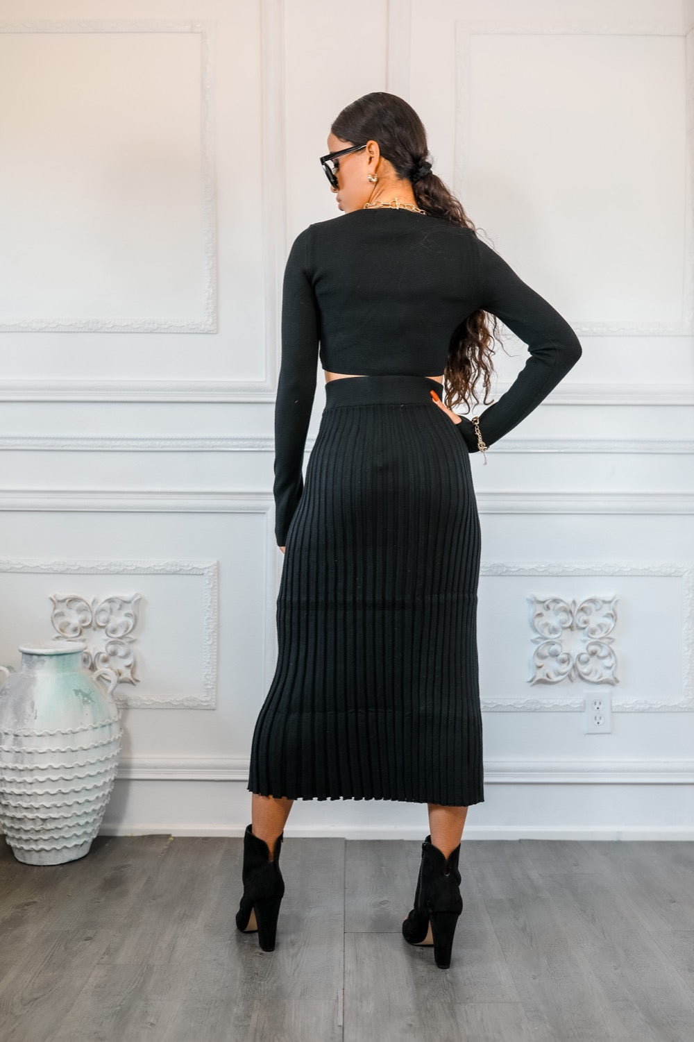 Sexy Pleated Slit Detailed Sweater Skirt with Long Sleeve Crop Top Set