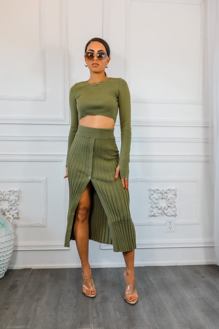 Sexy Pleated Slit Detailed Sweater Skirt with Long Sleeve Crop Top Set