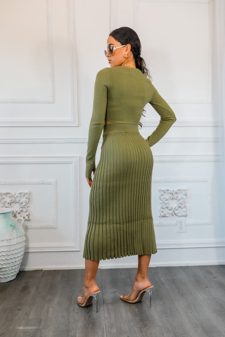 Sexy Pleated Slit Detailed Sweater Skirt with Long Sleeve Crop Top Set