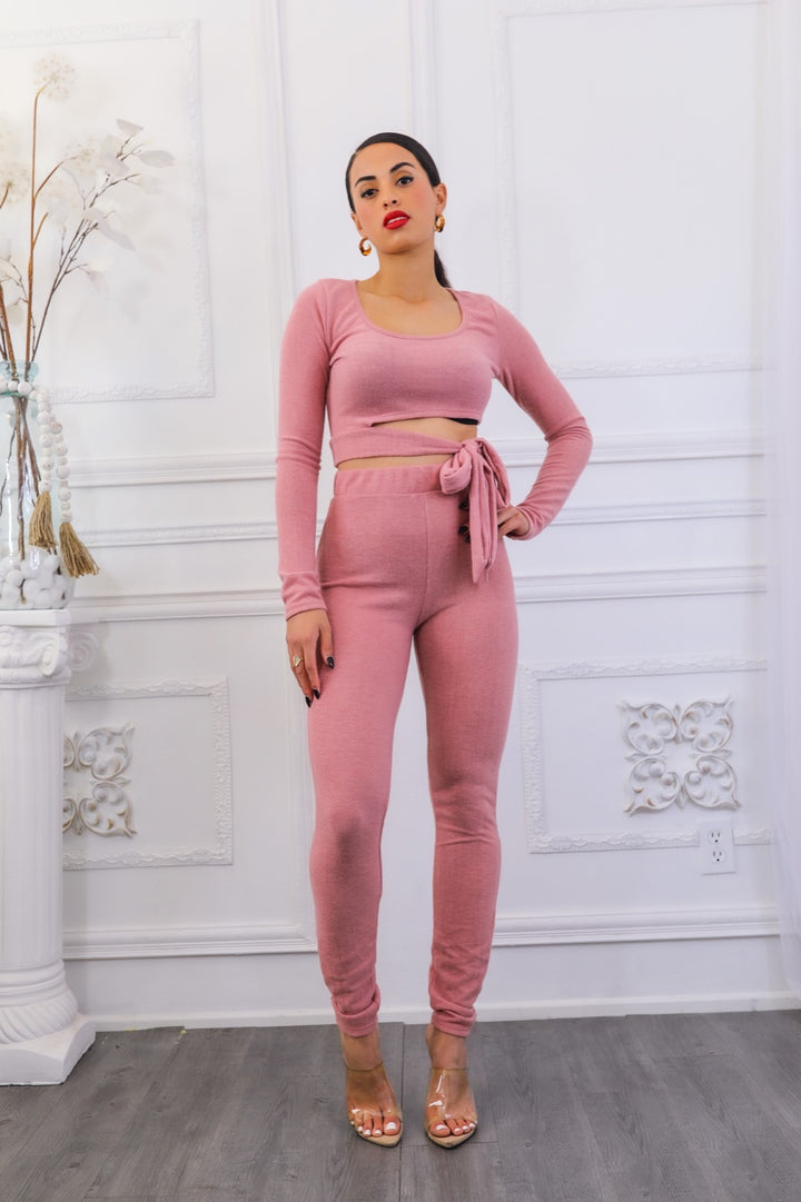 Side Tie Detailed Hacci Crop Top and Leggings Set