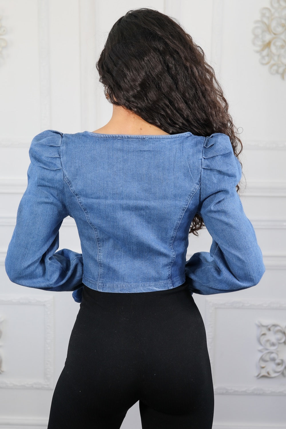 Puff Sleeves Front Zipper Denim Top