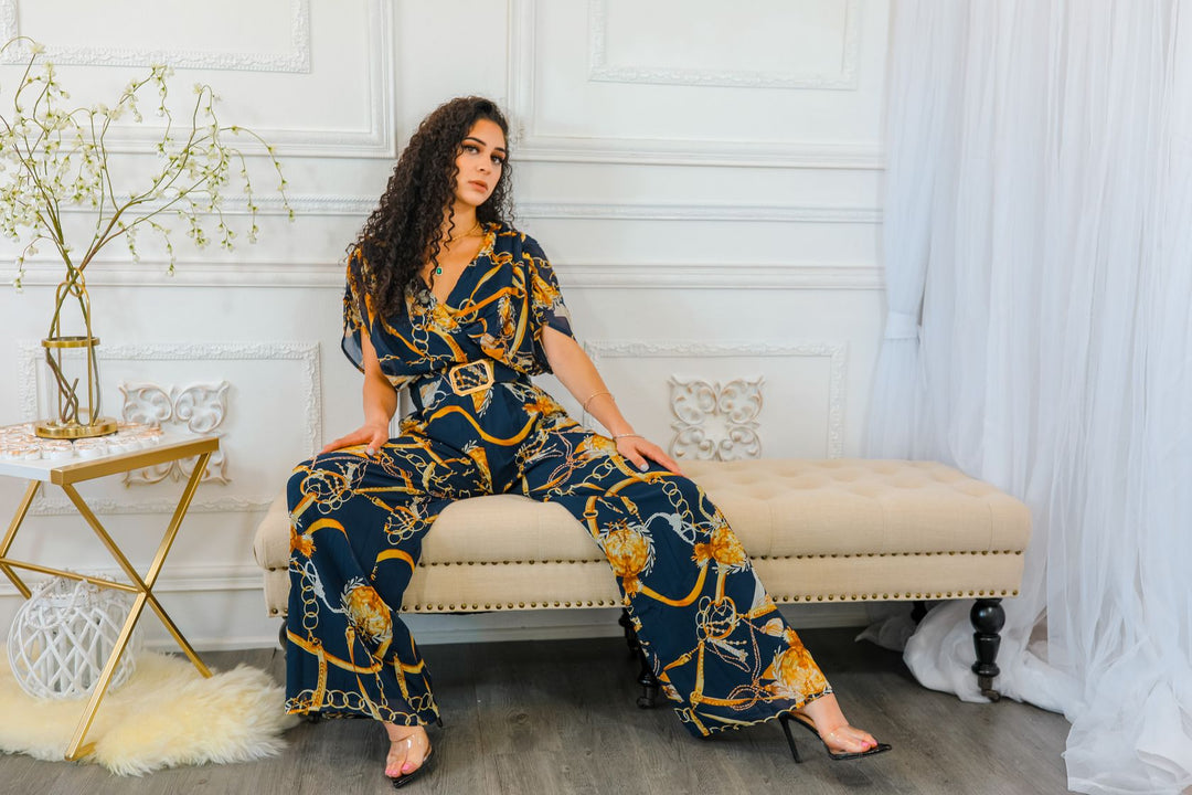 Printed Chains Belted Palazzo Jumpsuit