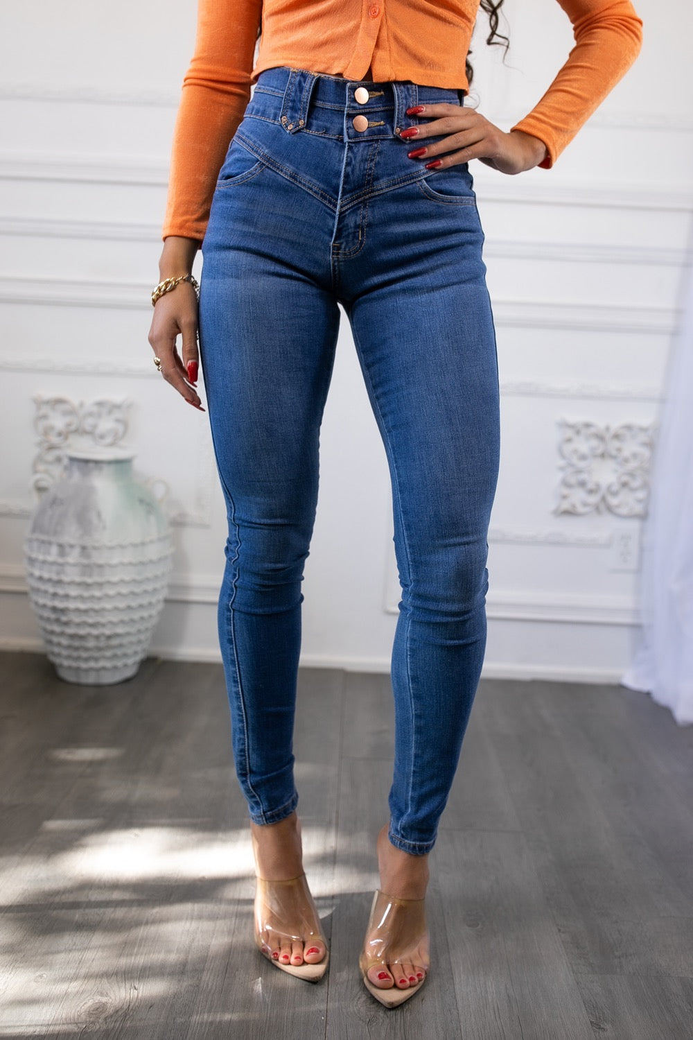 Stretch V Detail Skinny Jeans