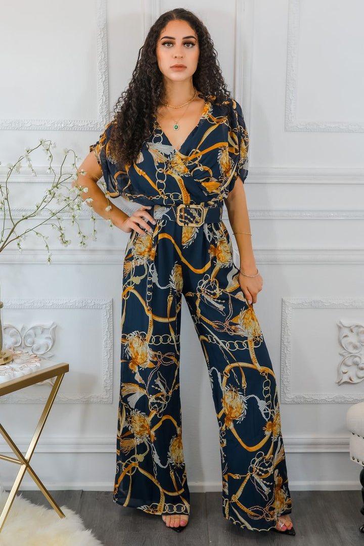 Printed Chains Belted Palazzo Jumpsuit