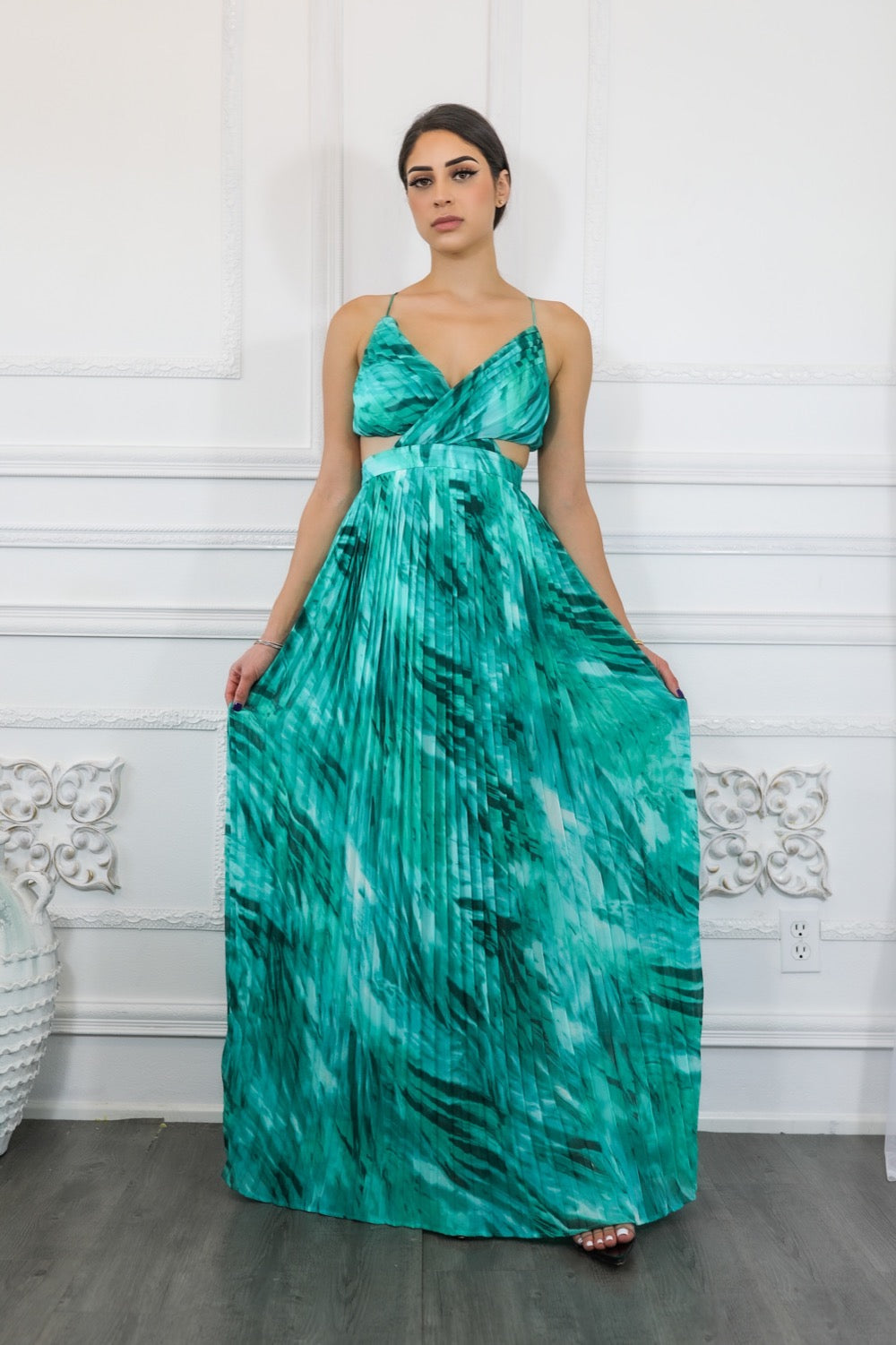 Pleated Cut Out Chiffon Maxi Dress