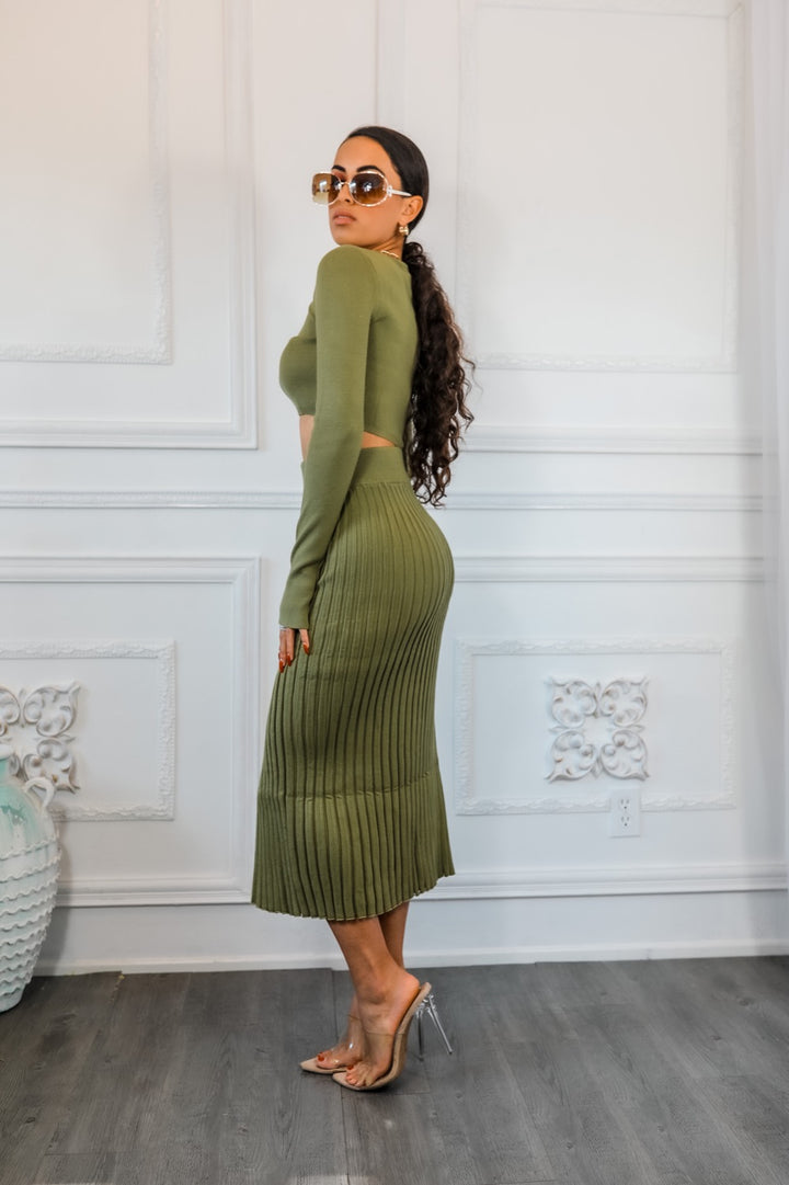 Sexy Pleated Slit Detailed Sweater Skirt with Long Sleeve Crop Top Set